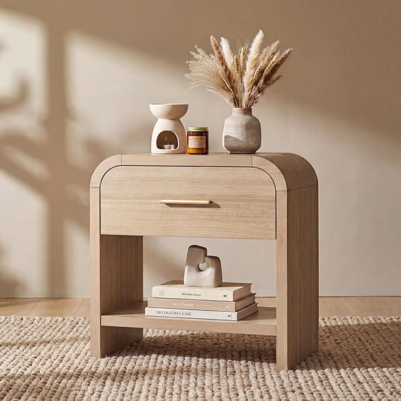 Night Stand [Unique Curved Profile] [FSC-Certified Wooden Board] 1-Drawer and 1 Storage Shelf Nightstand 24" H Metal Handle Modern Bedside Table Side Table End Table