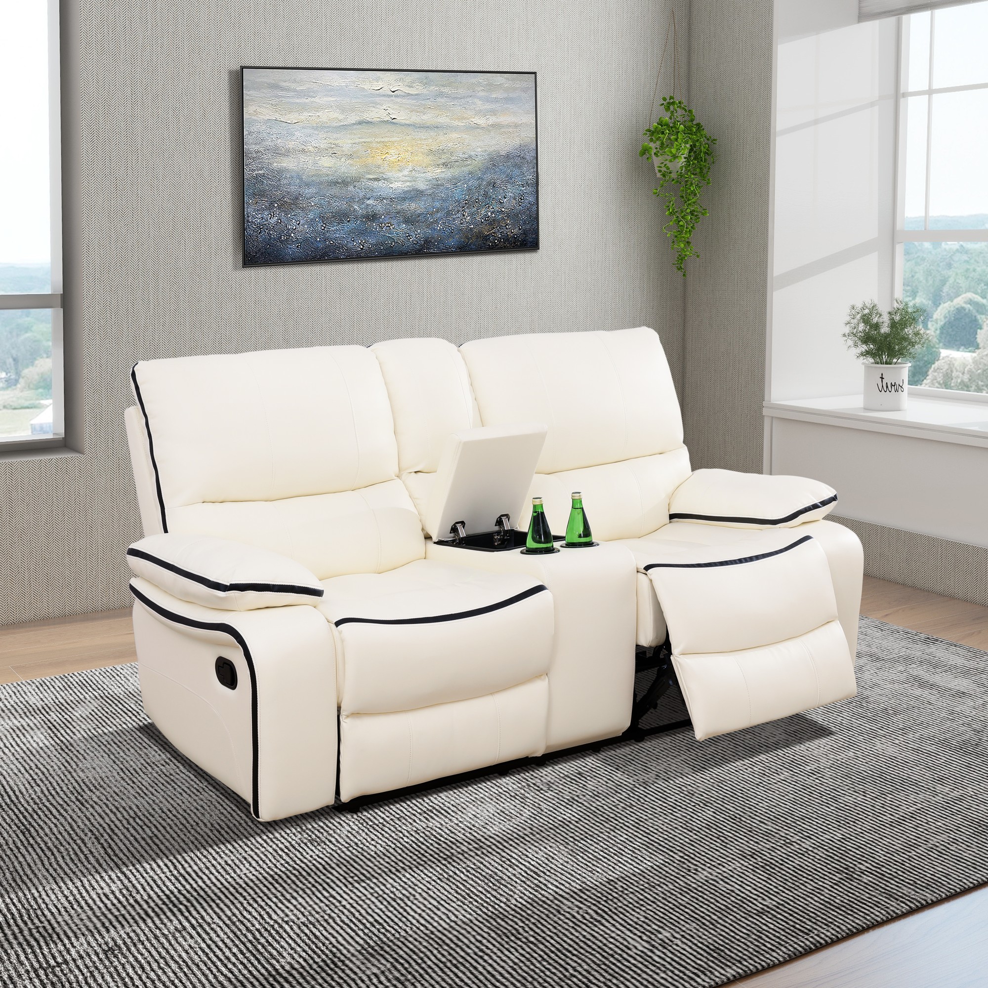 Gewnee 2-Seat Smart Sofa, Air Leather & Solid Wood Frame, Built-in Cup Holder, Adjustable Recline for Living Room Home Relaxation, Off-white