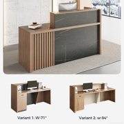 71 L-Shaped Reception Desk with Counter — Front Desk Reception Counter with Lockable Drawer, Storage Cabinet & Cable Grommet for Office, Lobby, Checkout (Walnut & Stone Gray)