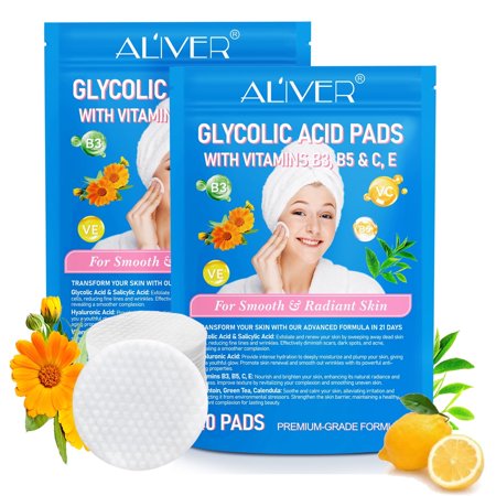 Aliver Glycolic Acid Pads for Face & Body with Vitamins B3, B5, C & E, Green Tea, Calendula - Exfoliates Surface Skin and Reduces Fine Lines and Wrinkles - 13.2oz (80 Pads)