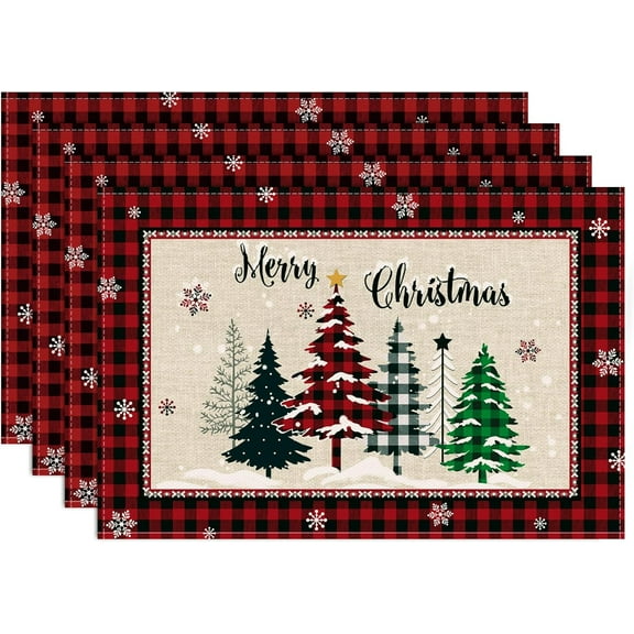 mubwai Christmas Trees Merry Xmas Placemats Set of 4, 12x18 Inch Red Buffalo Plaid Xmas Snowflake Kitchen Dinning Table Mats Washable Place Mats for Indoor Outdoor Home Party Decor
