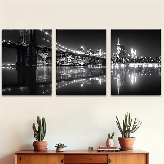 3pcs Art Series, Modern Bridge Glow In The Dark Canvas Art Aesthetic Canvas Printed Wall Paintings, Suitable for Living Room Decoration, Bedroom Decoration,