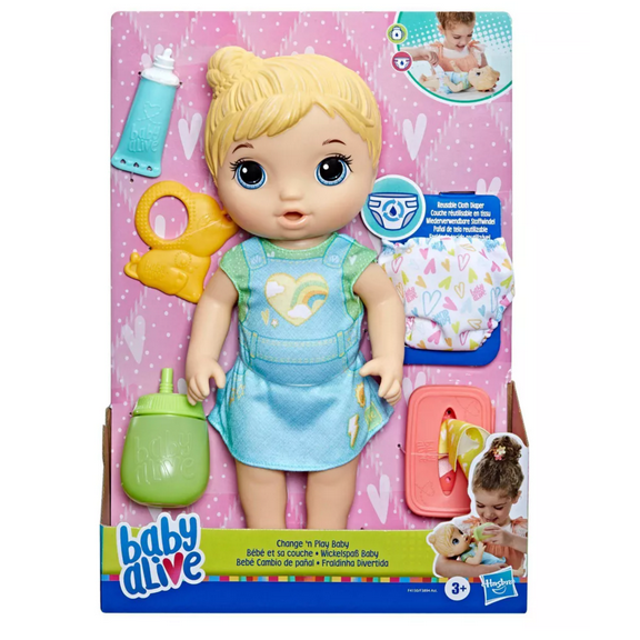 Mattel Baby Alive Change 'n Play Baby Doll with Outfit, Cloth Diaper, Teether, Bottle, Tissue Box, for Kids Ages 3 , Multicolor