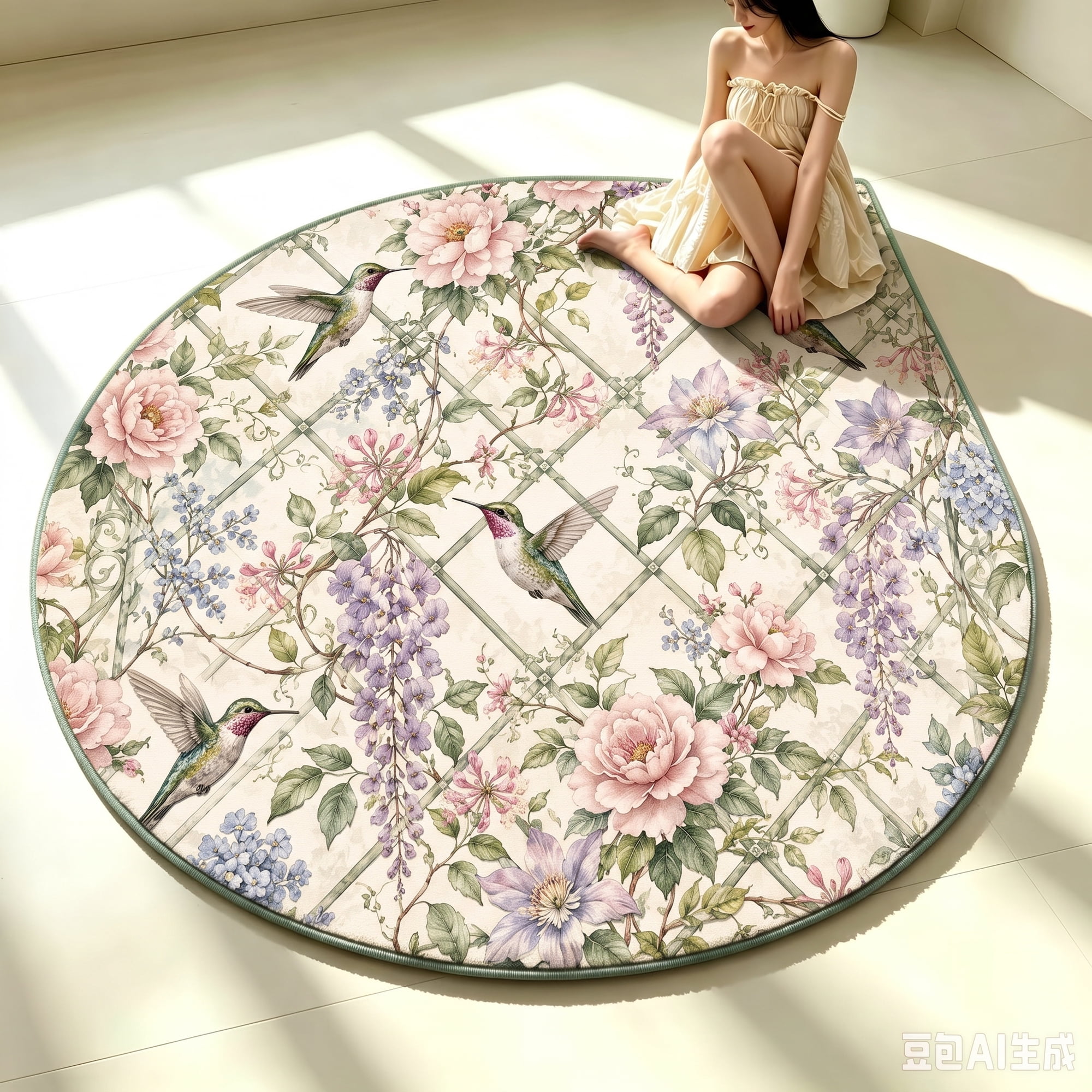 Round Crystal Velvet Area Rug, 200 x 200 cm Hummingbird Floral Carpet, 900 GSM Washable Polyester Floor Rug with Non-Slip TPR Dot Backing for Living Room, Bedroom and Christmas Decor