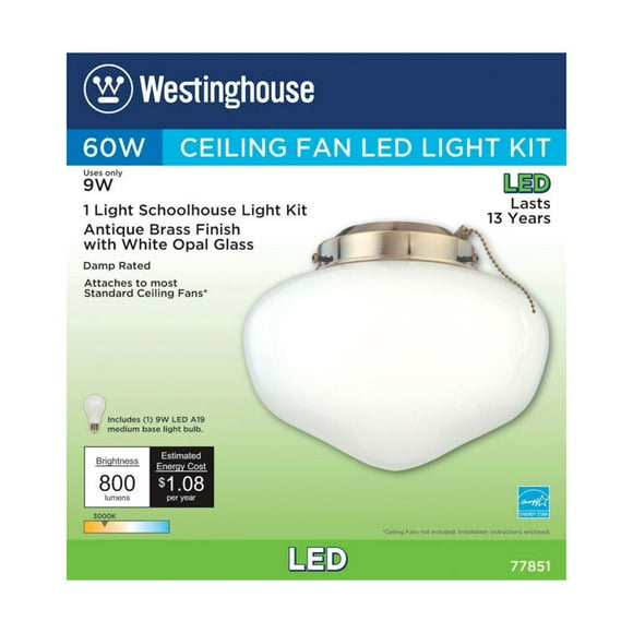 Westinghouse Lighting 7785100 LED Schoolhouse Indoor/Outdoor Energy Star Ceiling Fan Light Kit, Antique Brass Finish with White Opal Glass