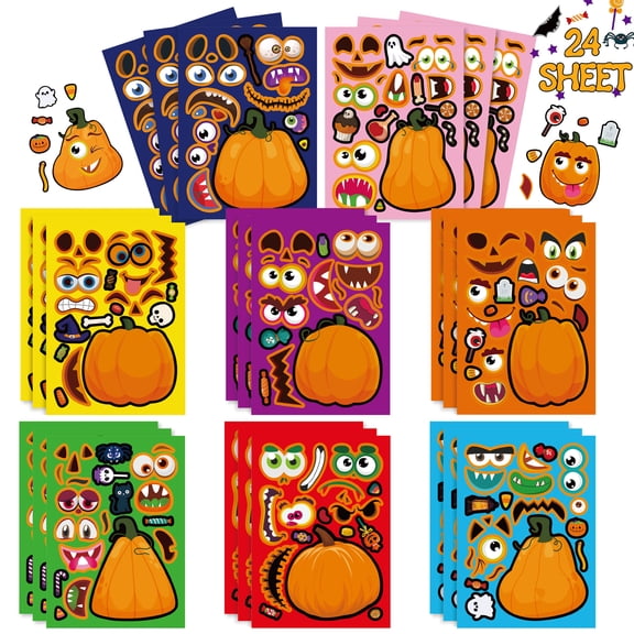 JESTAR 24 Sheet Halloween Pumpkin Craft Stickers - DIY Make Your Own Pumpkin Face Party Game Stickers for Kids & Toddlers - Bulk Pack for Halloween Treats & Goody Bag Fillers