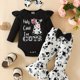 thumbnail image 1 of Cute Cow Print Outfit - Long Sleeve Flutter Sleeve Infant Romper + Bowknot Flared Trousers + Headband Baby Girls 3pcs Set, 1 of 5