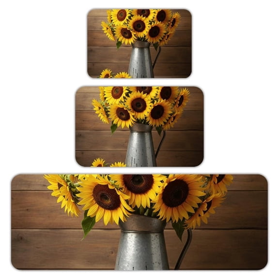 RKSupls Kitchen Rug Set 3 Piece Anti-Slip Flannel Floor Mats, Watercolor Sunflower Washable Absorbent Runner Mats for Kitchen Bathroom Home Decor