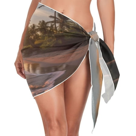 Sea Beach and Trees Women Coverups Beach Cover Up Chiffon Swimsuit Bikini Wrap Short Skirt Beach Slit Tie Waist