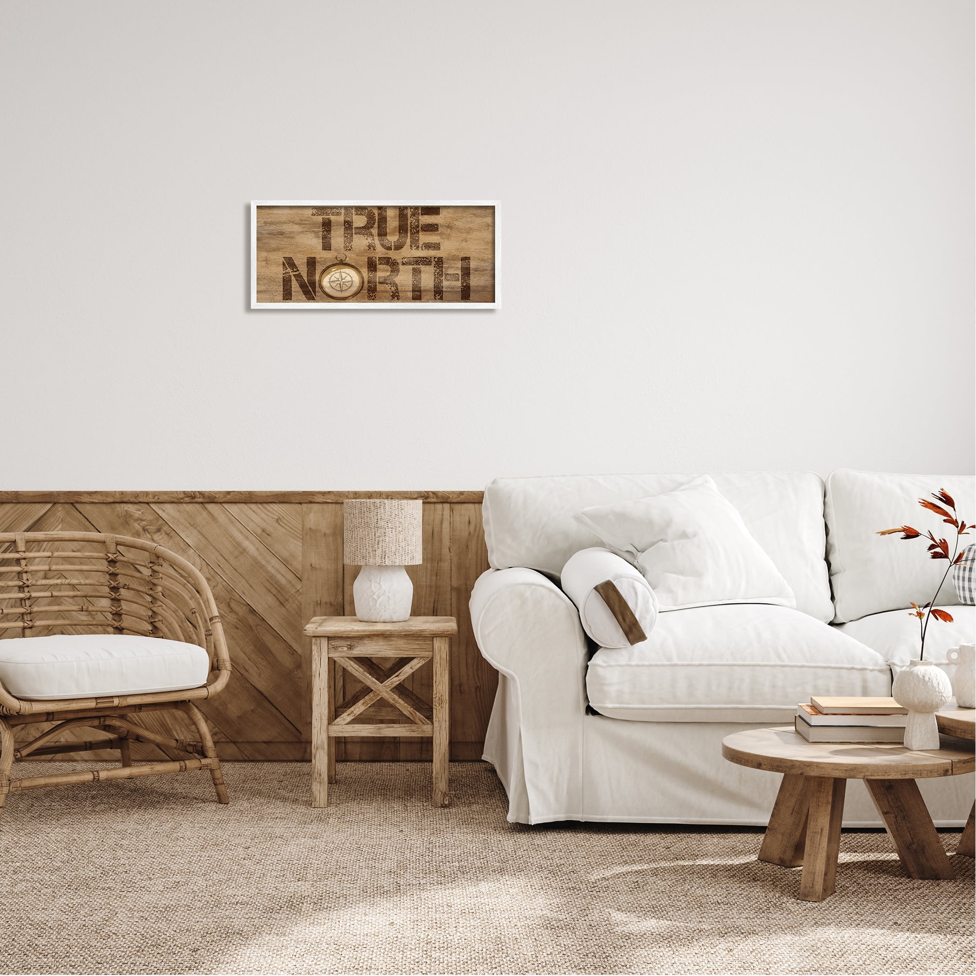 Stupell Industries Rustic True North Compass Nature Painting White Framed Art Print Wall Art, 24 x 10