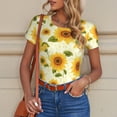 thumbnail image 4 of KLL Women 's Crew Neck Bodysuit Jumpsuits European-style Pattern Sunflower Print Short onesies Stretch T Shirts, 4 of 5