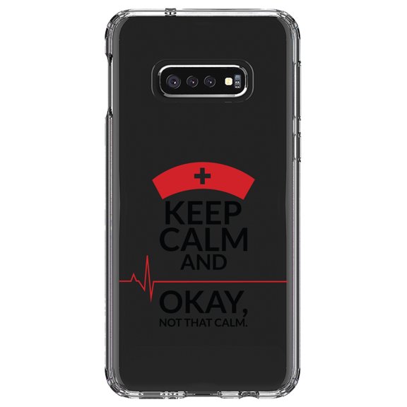 DistinctInk Clear Shockproof Hybrid Case for Samsung Galaxy S10e (5.8" Screen) - TPU Bumper Acrylic Back Tempered Glass Screen Protector - Keep Calm, Not That Calm - Nurse Flatline