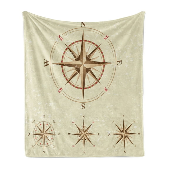 Compass Soft Flannel Fleece Throw Blanket, 4 Different Compasses in Retro Colors Discovery Equipment Where Nautical Marine, Cozy Plush for Indoor and Outdoor Use, 70" x 90", Beige Tan, by Ambesonne