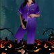 thumbnail image 1 of Pijama de manga corta con cuello vuelto para mujer, con bolsillos y estampado de Halloween, cintura elástica, de poliéster, 1 of 5