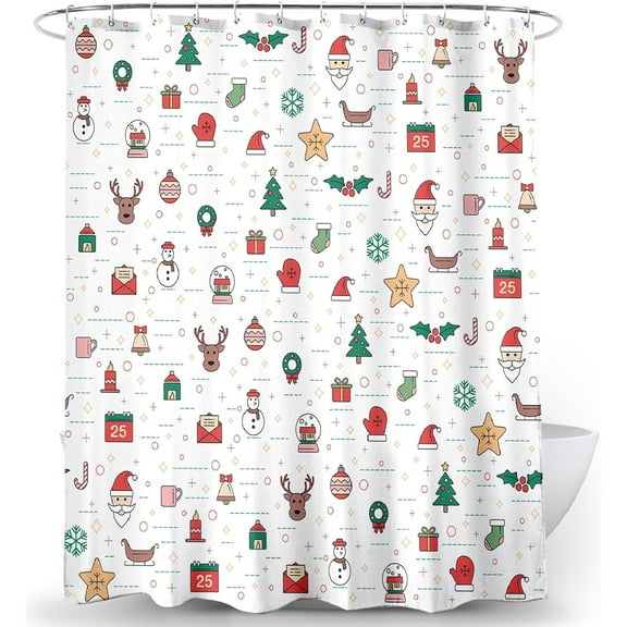 Christmas Shower Curtain Holiday Santa Claus Christmas Tree Polyester Fabric Waterproof Bathroom Shower Curtain 72X72Inches with 12pcs Hooks