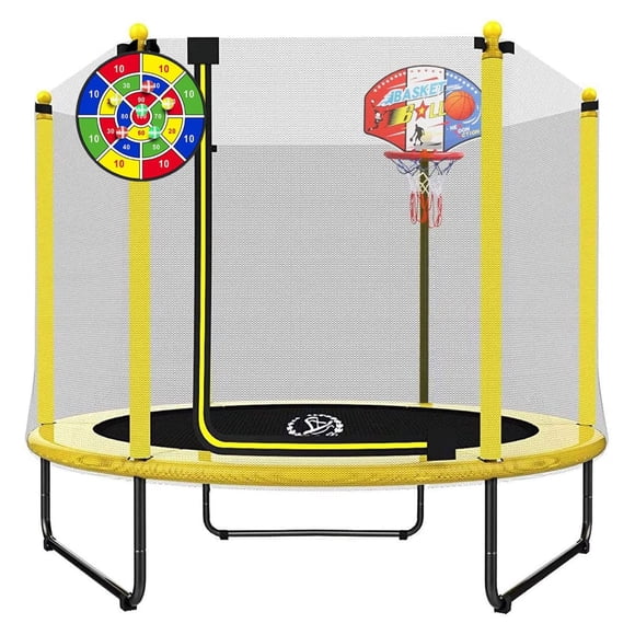 LANGXUN Trampoline de 60 Pouces pour Enfants, Mini Trampoline 3-en-1 de 5 Pieds pour Tout-Petits Intérieur Extérieur avec Panier de Basketball, Planche à Fléchettes, Jouets de Vacances de Noël Anniversaire