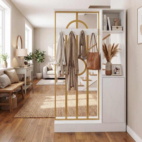 FNOVA 71 in. Tall Room Divider with Cabinet, 2 Shelves & 4 Hooks, Modern White Gold Privacy Partition for Entryway Bedroom