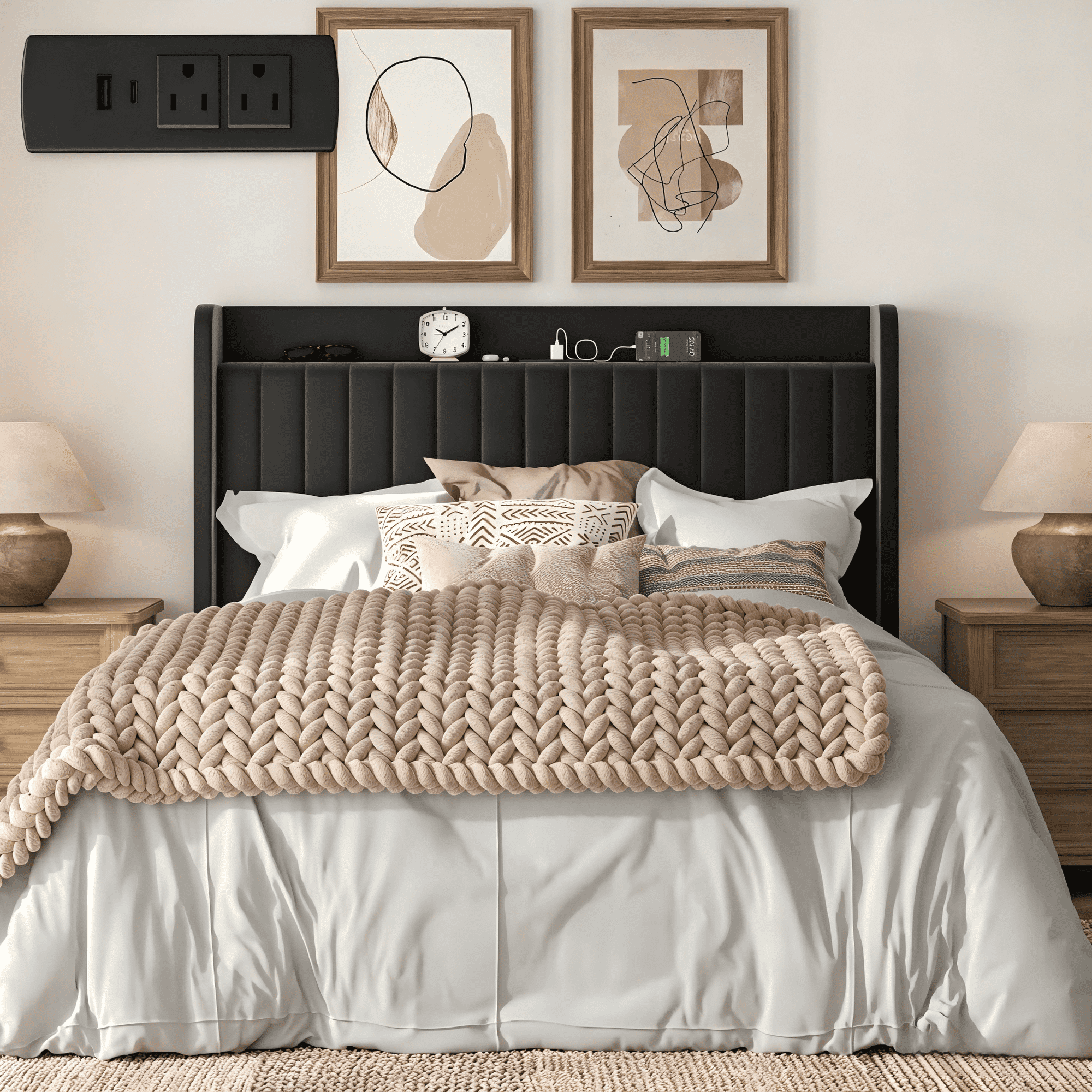 Frostbloom Queen Size Bed Frame with Advanced Charging Hubs & Storage Shelf, Upholstered Velvet Wingback Headboard, Black