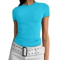 thumbnail image 4 of YDKZYMD Gym Crop Tops for Women Short Sleeve Crew Neck Y2k Tight Shirt Teen Girls Layering Slim Fitted Cute Basic Tee Going Out Trendy Athletic Tops Sky Blue L, 4 of 5