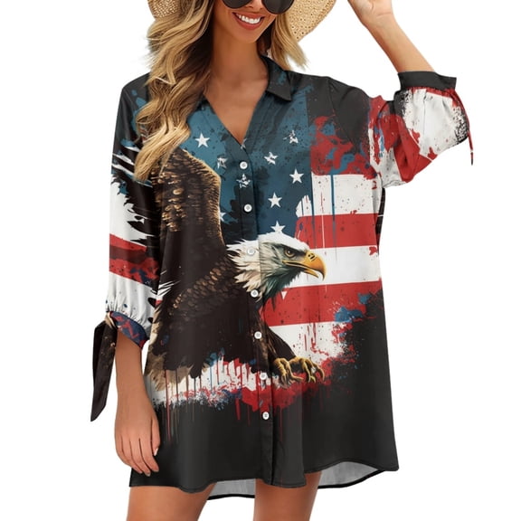SCRAWLGOD Fly Eagle 3/4 Sleeve Cardigan Shirt for Women Size XS American Flag Button Down Blouses Plus Size Casual V Neck Summer Cardigan Shirt,4 of July