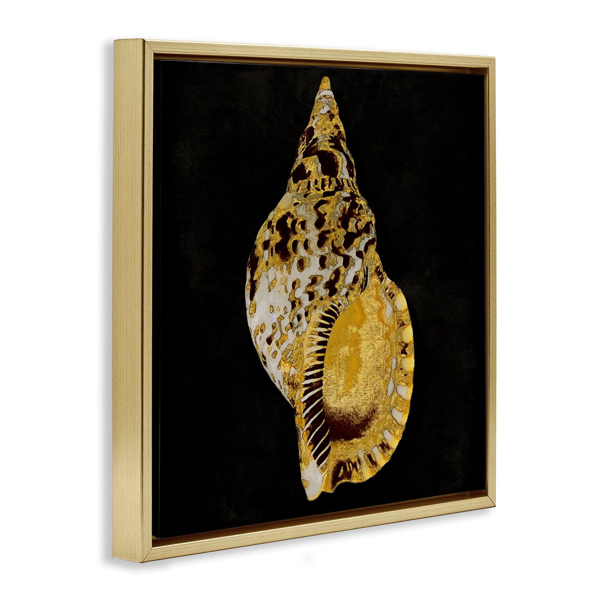 Stupell Industries Gold Conch on Black Nautical & Beach Painting Gold Floater Framed Canvas Art Print Wall Art, 25 x 25