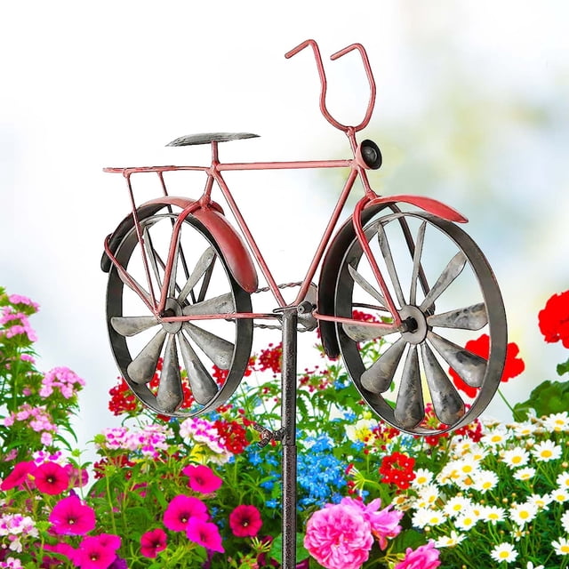 Fwttom Metal Iron Art Red Rotating Windmill Courtyard Garden Decoration