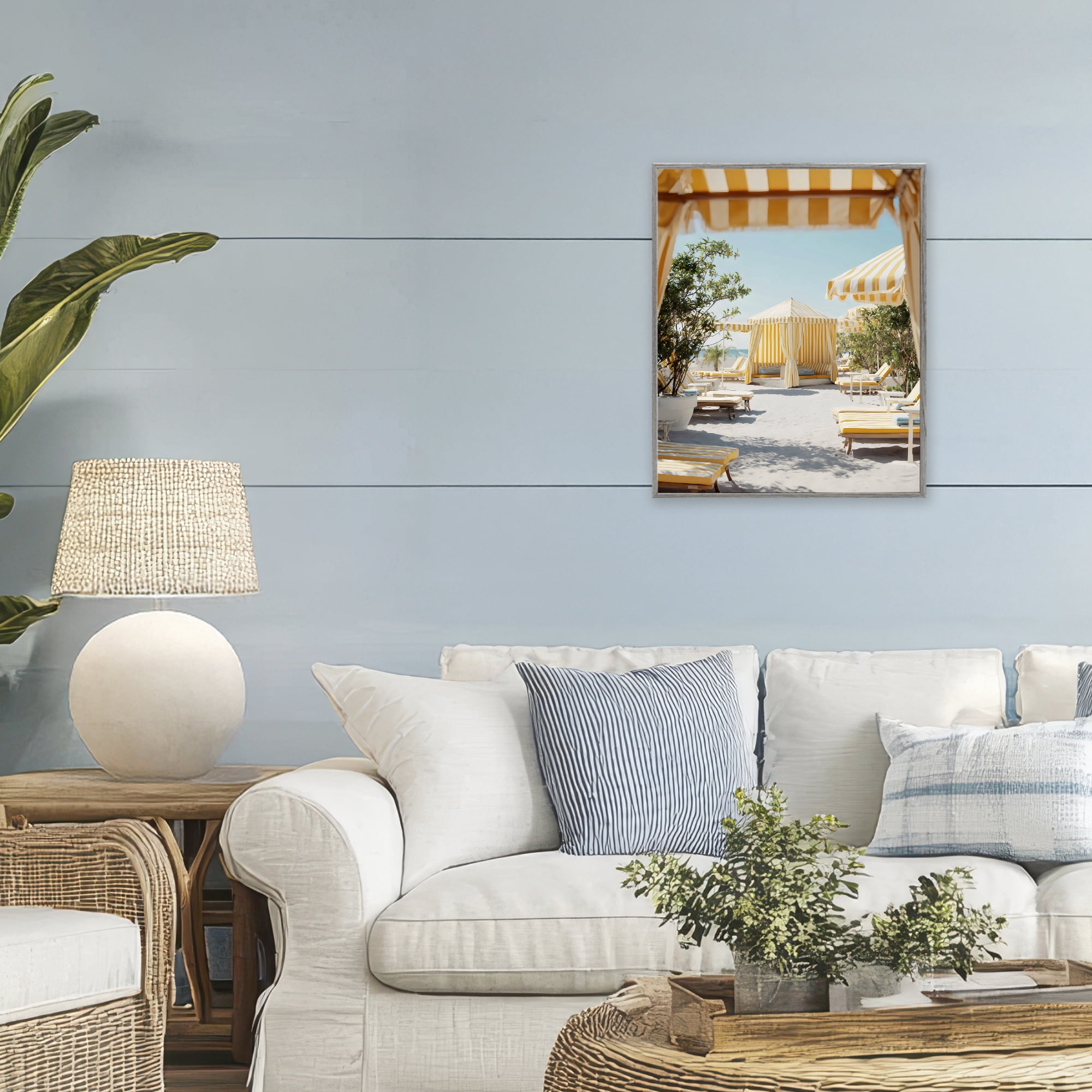 Stupell Industries Yellow Striped Beach Cabanas Gray Framed Giclee Art, design by Franklyn Gregory