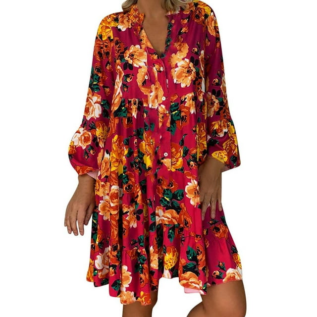 asddcavvf Robes pour Femmes Mode Féminine Robe à Manches Longues Décontractée Col Mi-Ouvert Grande Taille