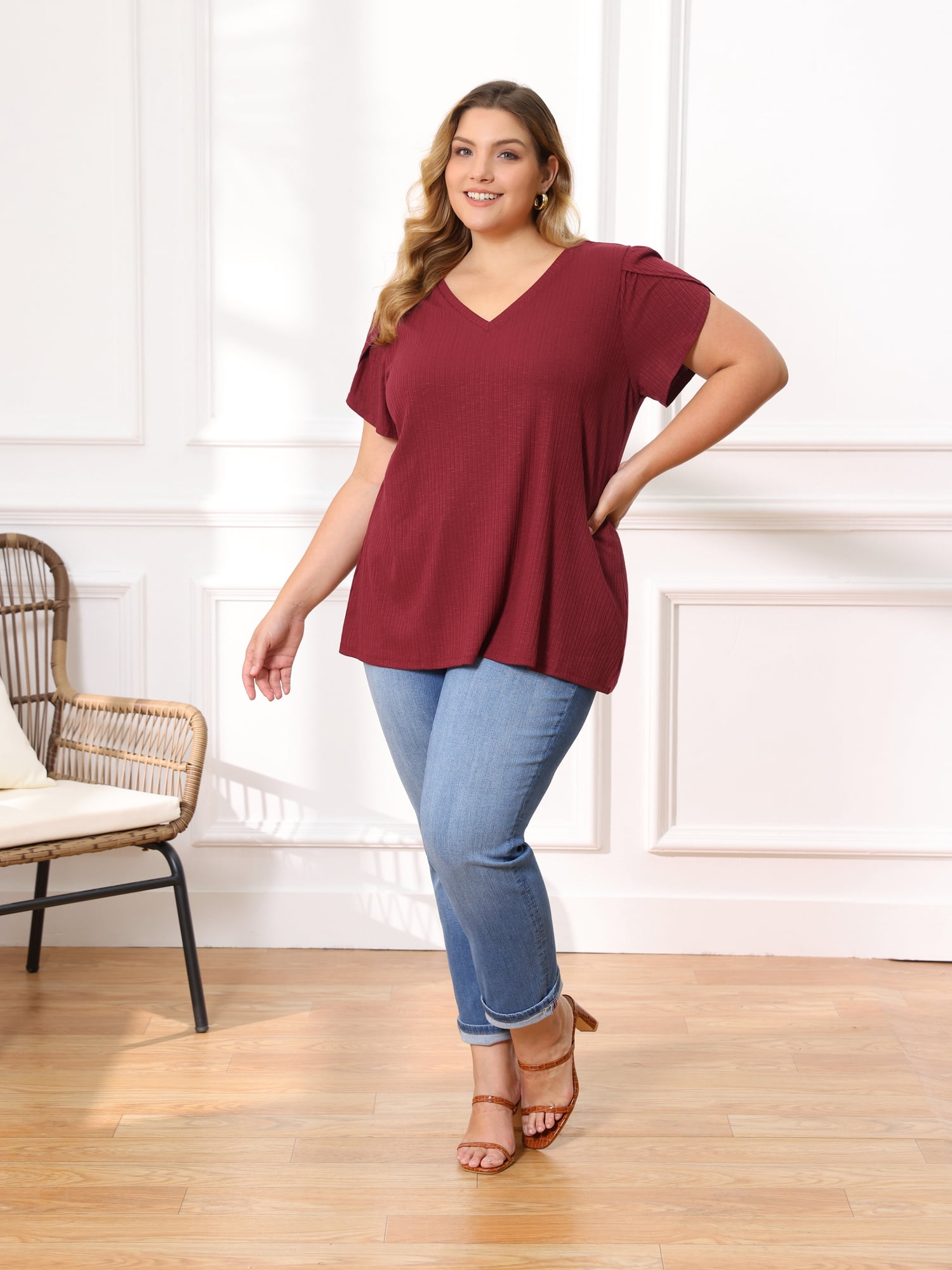 DARING DIVA Women's Plus Tulip Sleeve V Neck T Shirts Basic Blouses 4X Burgundy