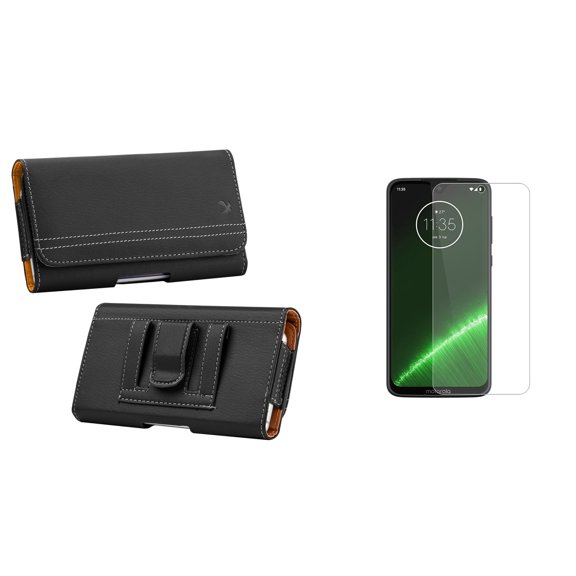 Luxmo PU Leather Belt Holster Card Slot Carry Case (Black) for Motorola Moto G7, Moto G7 Plus with Tempered Glass Screen Protector and Atom Cloth