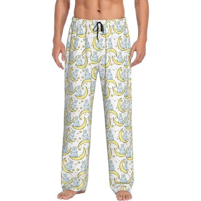 Kdxio Moon And Rabbit Pattern Men's Pajama Pants, Elastic Waist with Drawstring and Pockets, Comfortable Loungewear-Medium