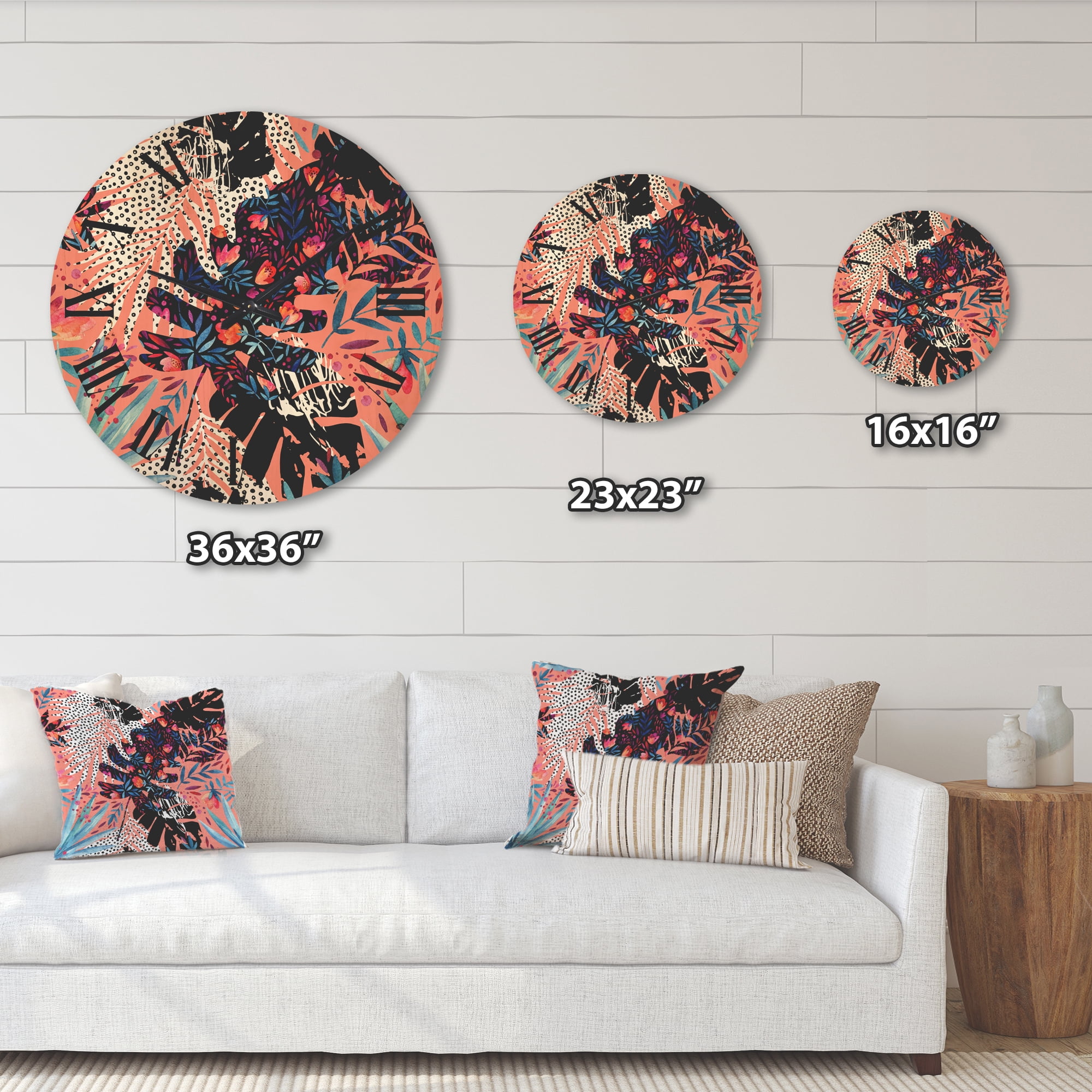 Designart 'Abstract Tropical Floral Patchwork II' Tropical Wood Wall Clock