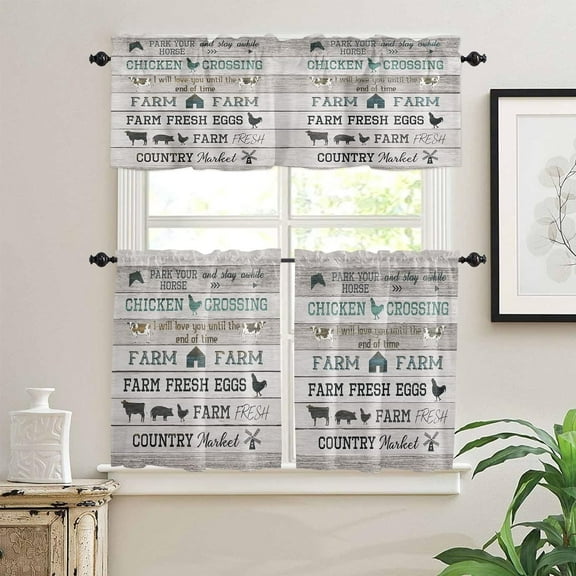 3 Piece Farmhouse Kitchen Curtain and Valances Set, Farm Animal Kitchen Curtains Set Rod Pocket Tier Short Curtains for Living Room Cafe Window Curtains for Bedroom Vintage Barn Grey Wooden Grain