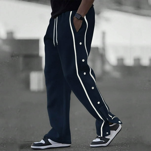 Pantalones largos para hombre, de poliéster, holgados, informales, a la moda, con botones, bolsillos, cordón y cintura elástica.