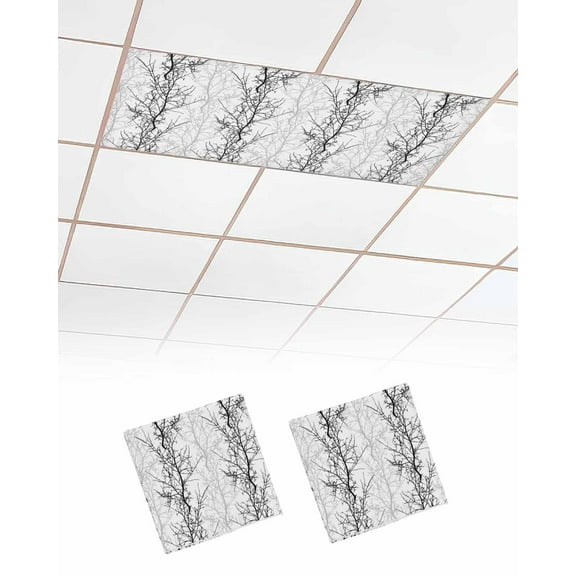 Black Grey Fluorescent Light Covers for Ceiling Lights 4x2 feet,2 Pack Magnetic Light Filters for Classroom,Pastoral Botanical Branch Aesthetics Fluorescent Light Shade Panel for Office School Drop
