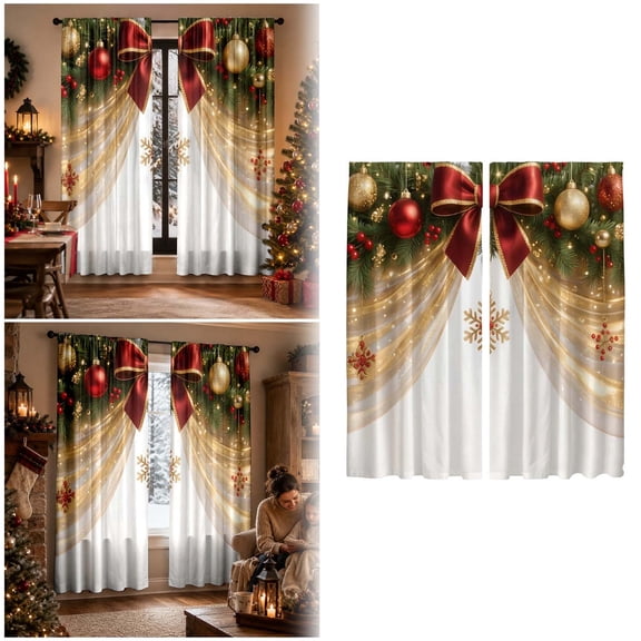 Christmas Sheer Curtains 2 Pcs 29.53 x 65.35in Red Bow Snowflake Print Semi Transparent Rod Pocket Window Drapes for Living Room Bedroom Holiday Party Decor