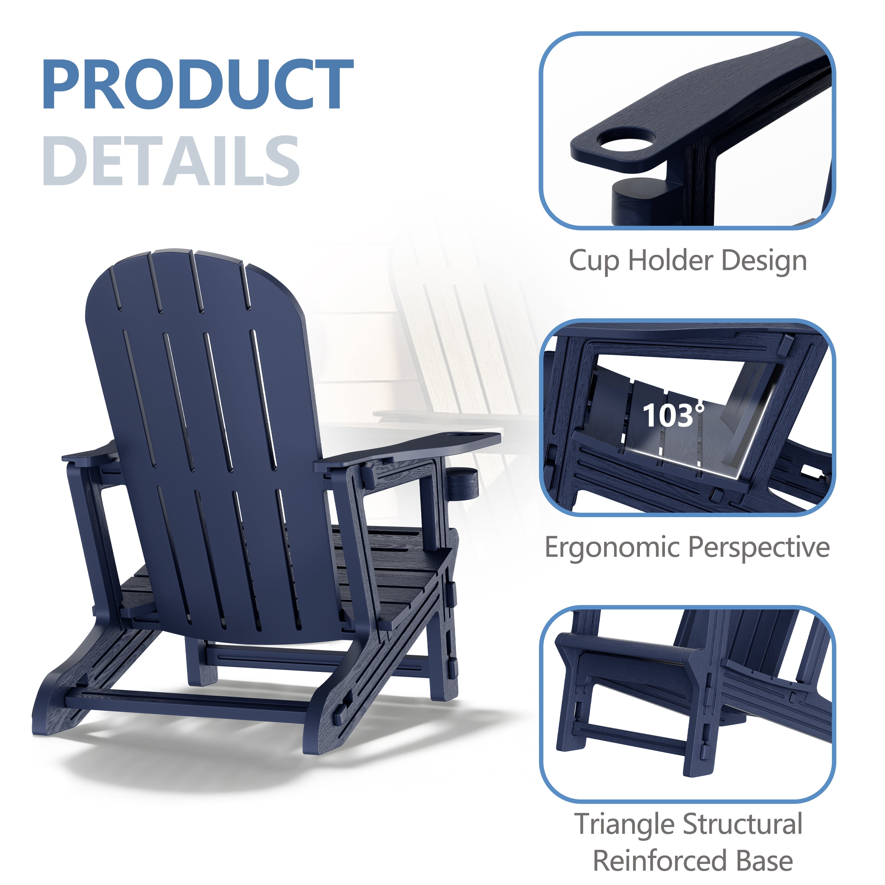Walsunny Adirondack Chairs Set of 2 HDPE Outdoor Chair Set with Connecting Tray Cup Holder Removable Tabletop Pull-Out Footrest,All-Weather HDPE Outdoor Chair Set,Dark Blue