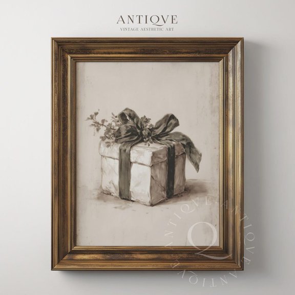 Christmas Present With Green Ribbon Poster, Neutral Holiday Wall Art