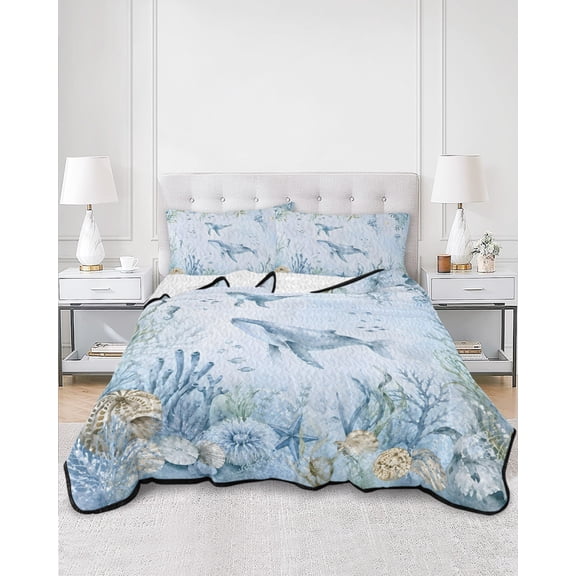 Twin Quilt Bedding Set Marine Life Humpback Whale Summer Quilt Lightweight Quilted Coverlet with 2 Pillow Shams, Coastal Blue Corals Starfish 3-Piece Bedspread Quilt Set for All Season
