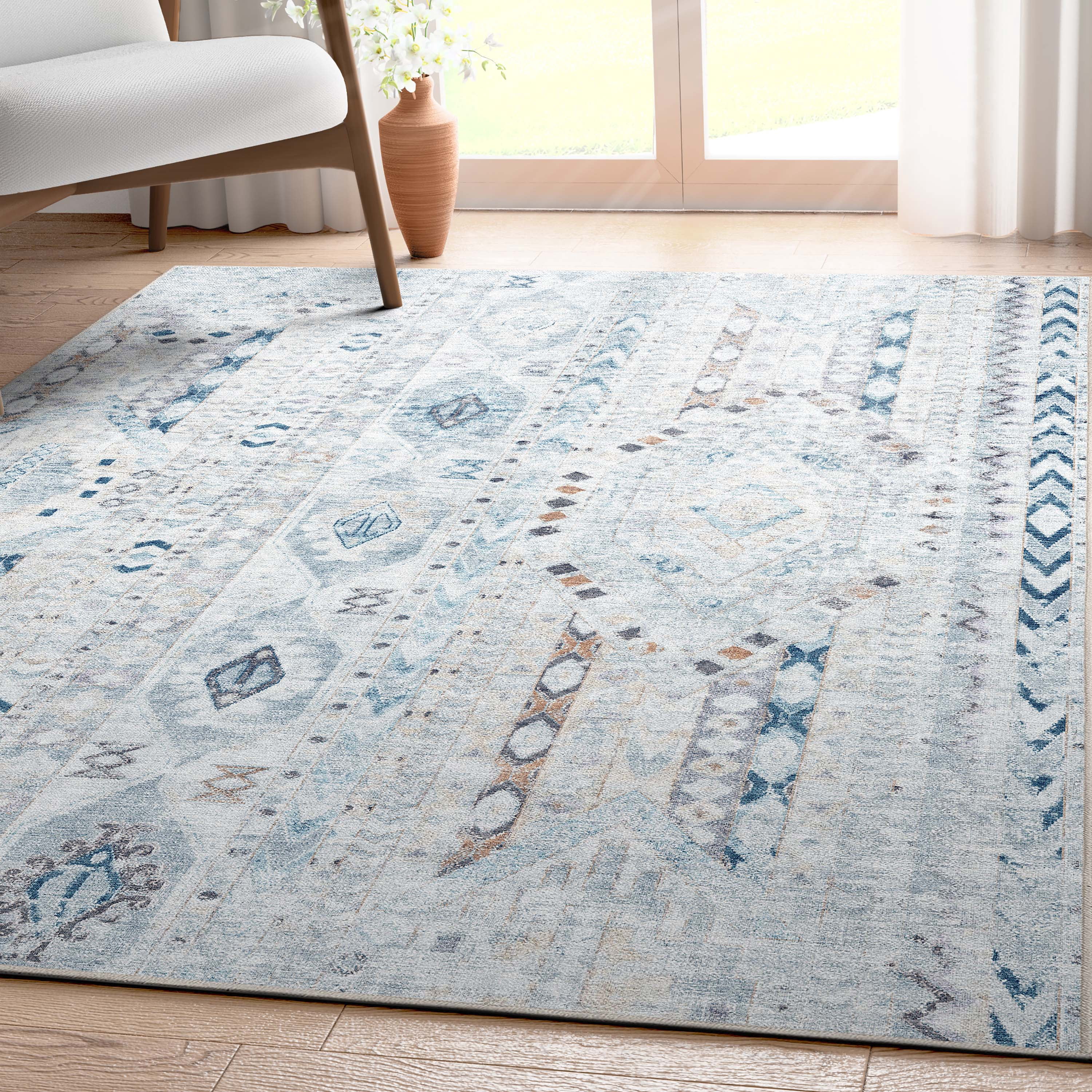 Well Woven Apollo Rodeo Vintage Medallion Tribal Blue Flat Pile Easy to Clean 5'3" x 7'3" Area Rug for Living Room Dining Room Bedroom and Kitchen