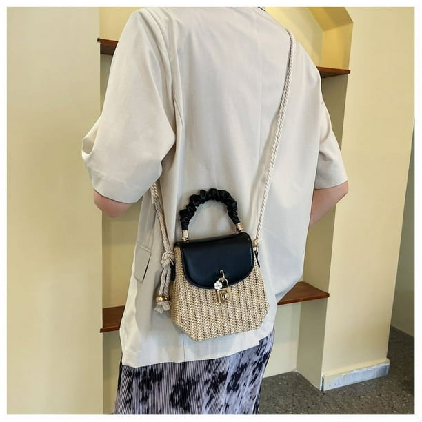 Zhuge Bolso de hombro tejido para mujer, bolso de mano tejido, bolso de mano tejido elegante para playa de verano, bolsos de hombro de 6,69 x 2,39 x 6,69 pulgadas (negro)