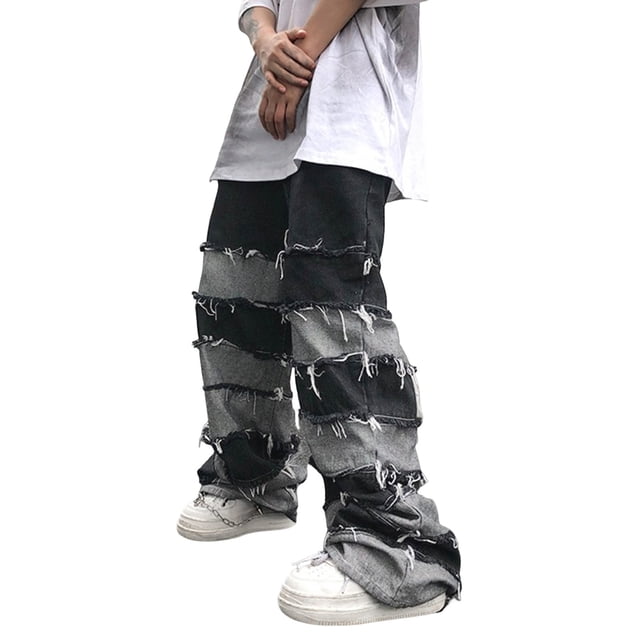 Cargo Jeans for Men Mens Comfortable Fringe Pants Drop Wide Leg Hop Slouchy Jeans Jeans Homme Black M