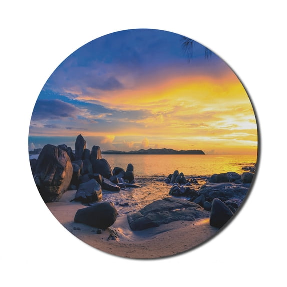 Sunset Mouse Pad for Computers, Horizon Sky at the Beach with Rocks Surreal Tropical Serene Landscape, Round Non-Slip Thick Rubber Modern Gaming Mousepad, 8" Round, Royal Blue Marigold, by Ambesonne