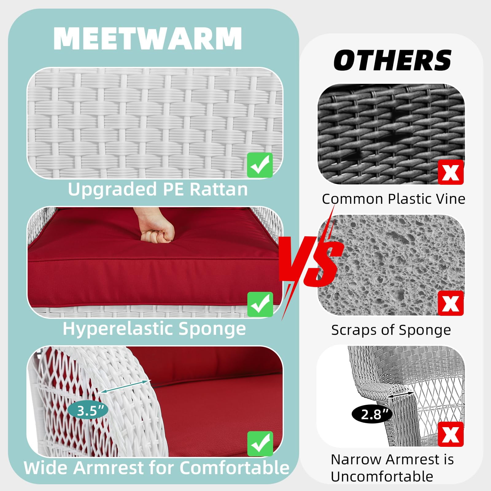 MEETWARM 3 Pieces Patio Conversation Set, Rattan Outdoor Rocking Patio Bistro Set with 2 Rockers and 1 Side Table with 4" Thick Cushions, Outdoor Furniture Set for Porch Backyard, White Wicker/Red