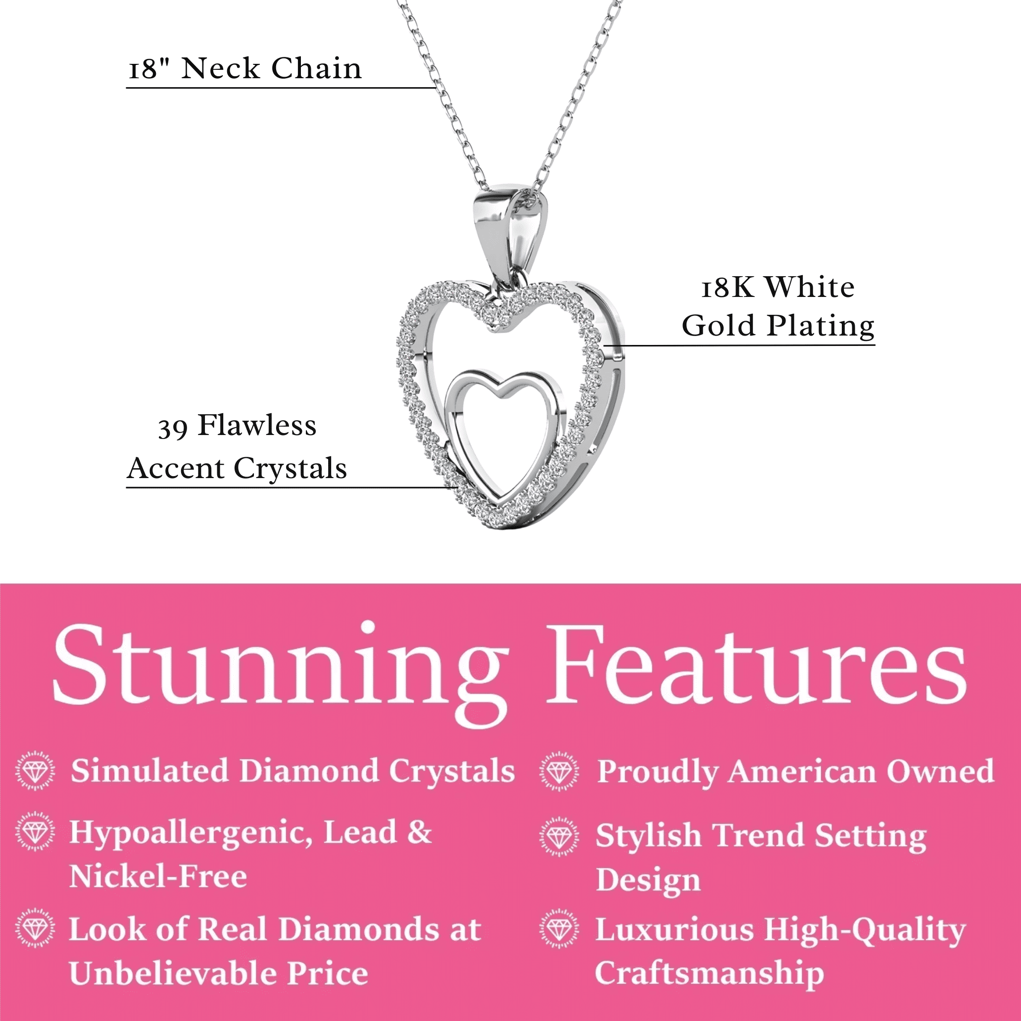 Cate & Chloe Amorette 18k White Gold Plated Pendant Necklace with Simulated Diamonds Gift for Women