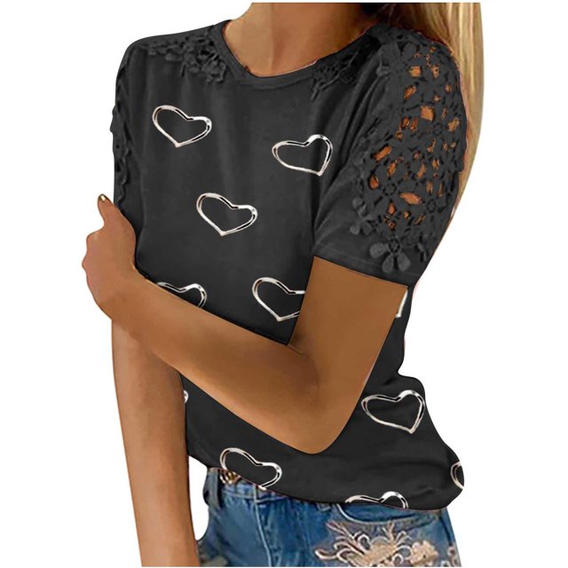 Fiudx Liquidación de Ahorros de Verano Mujeres Casual Impresión Cuello Redondo Encaje Ahueca Hacia Fuera Manga Corta Jersey Blusa Camiseta Tops