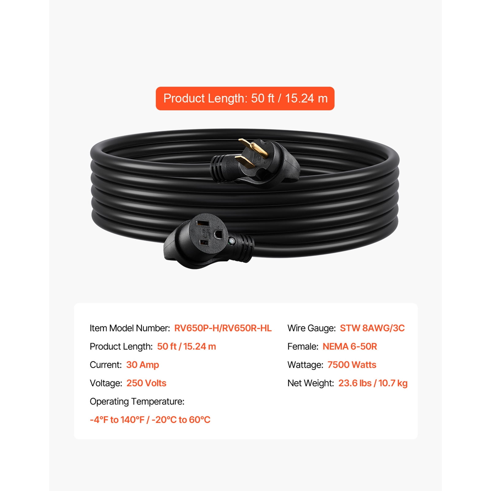 KFFKFF 30-Amp Generator Power Cord, 50 Feet, 250 Volts 7500 Watts Robust Energy Cable, NEMA 6-50P to 6-50R SWT 8AWG Adaptable Welder Extension Cord, Accompanied by Storage Bag