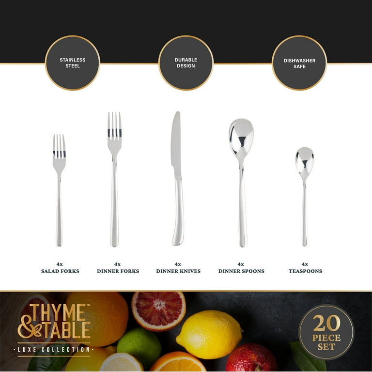 Thyme & Table 20-Piece Royal Stainless Steel Flatware Set, Stainless