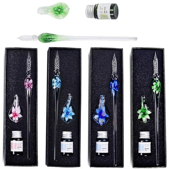 Walbest Glass Calligraphy Dip Pen and Ink Set, Glass Dip Crystal Pen with Ink and Holder, for Writing Art Decor Gift
