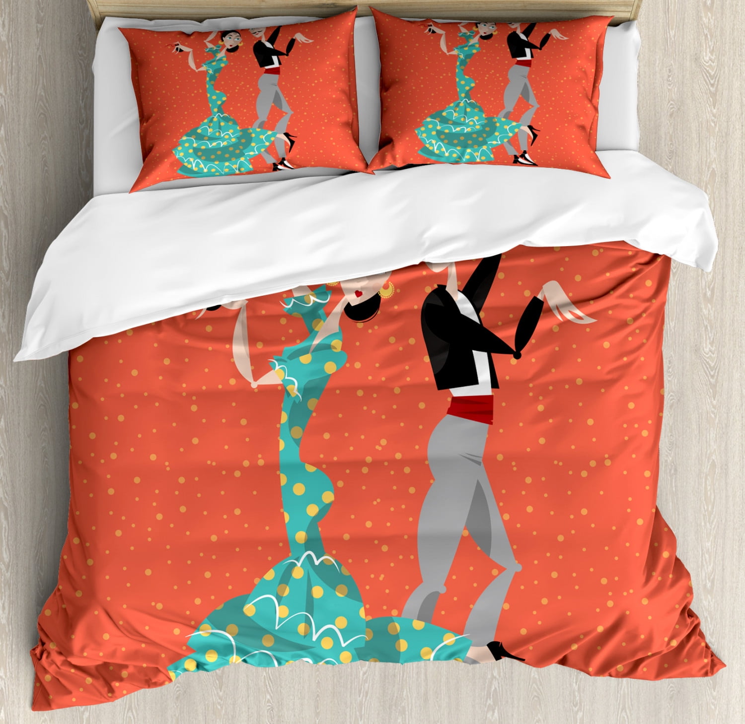 Spanish Duvet Cover Set Queen Size, Ethnic Flamenco Dancers Couple